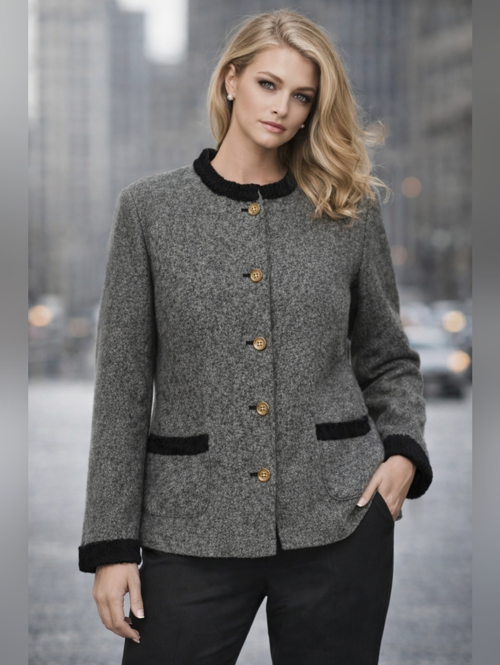 Liz Claiborne Women's Button Blazer Gray Black Wool Silk Blend 2XL